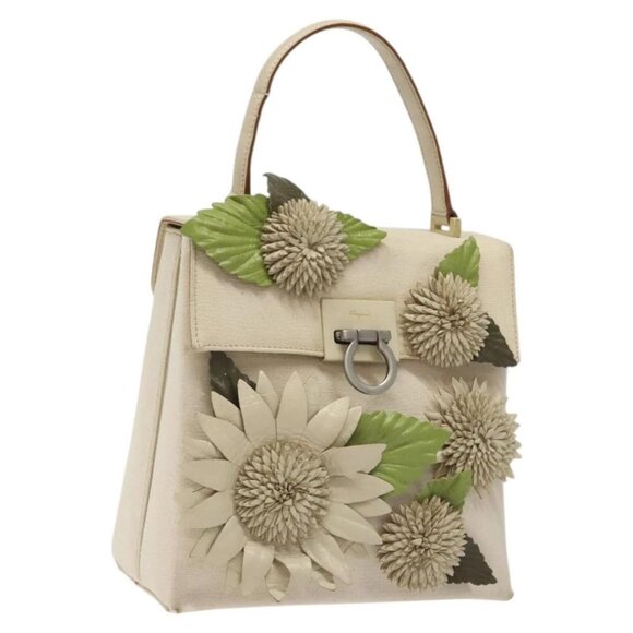Salvatore Ferragamo Gancini Hand Bag Canvas Cream Silver
